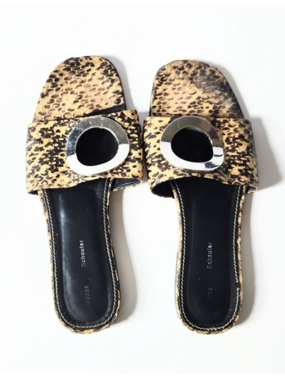 Proenza Schouler Snake Print Slude Sandals with Silver Circle Cutout EU39 US 8.5